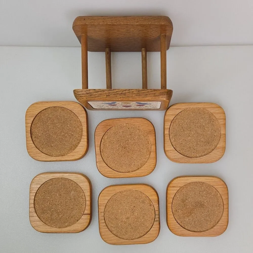 VTG Wood Coaster Set with Holder 6 Cork Coasters Blue Birds & Hearts Cottagecore